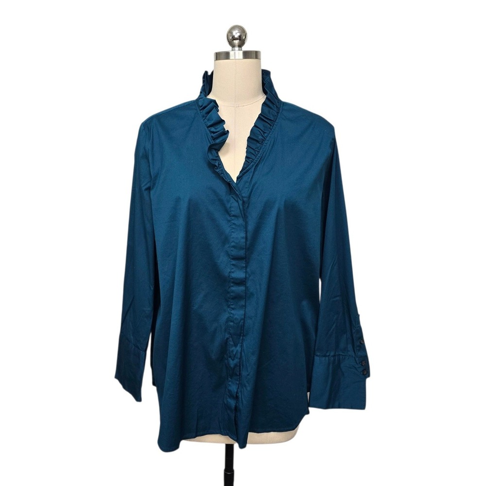 Chicos Teal Ruffle Collar Hidden Button Down Shirt Size 3 XL 16/18